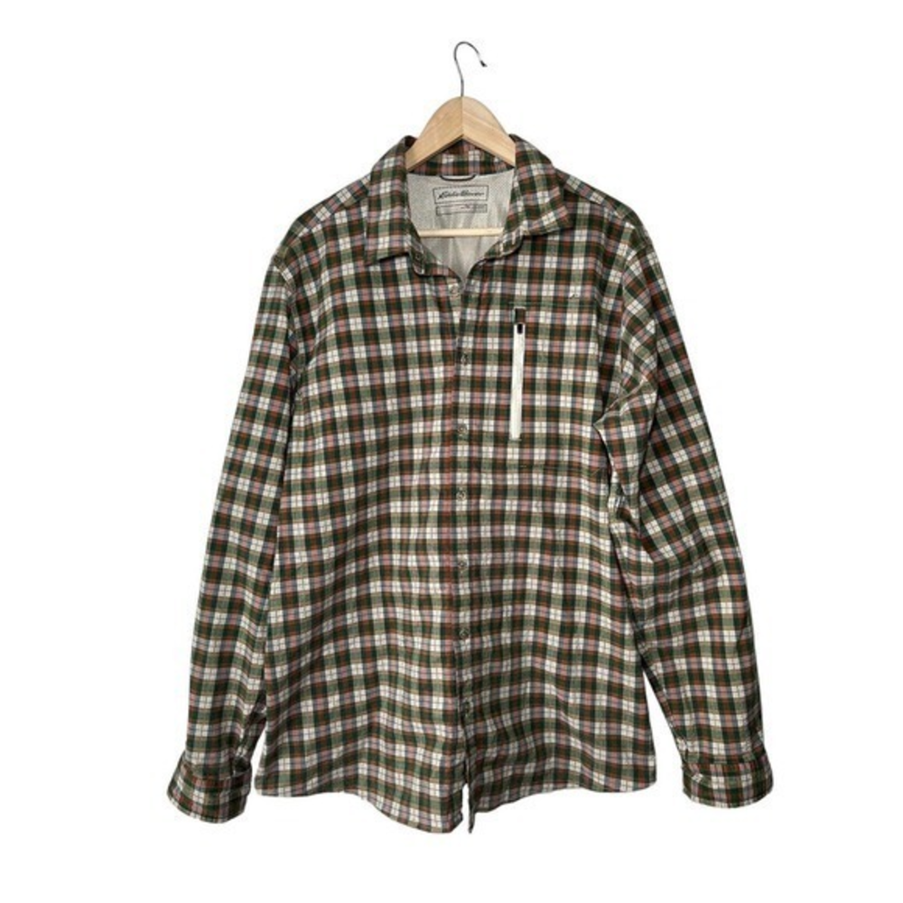 EDDIE BAUER Brown Orange Plaid Roll-Tab Button-Up Shirt Mens Outdoor Fishing XLT